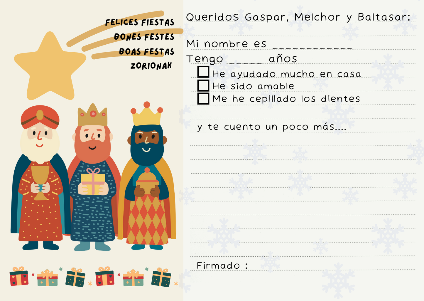 Tarjeta de Navidad - Postal a Papá Noel y a sus majestades los tres Reyes Magos