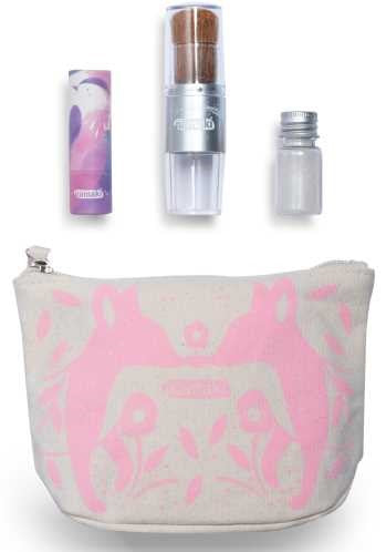 ESTUCHE ROSA Pincel mágico + polvos plateados + labial de frambuesa