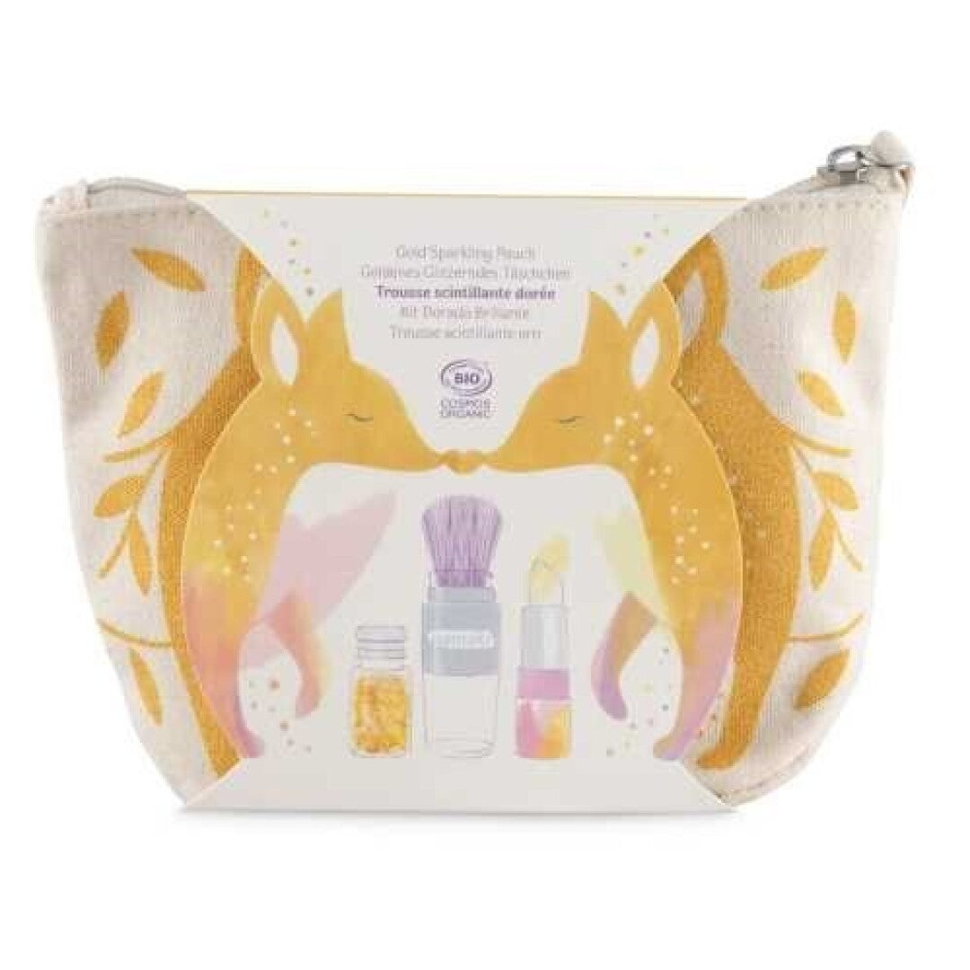 ESTUCHE ORO Pincel mágico + polvos dorados+ labial de vainilla