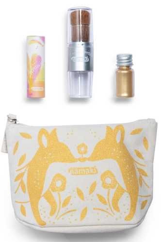 ESTUCHE ORO Pincel mágico + polvos dorados+ labial de vainilla