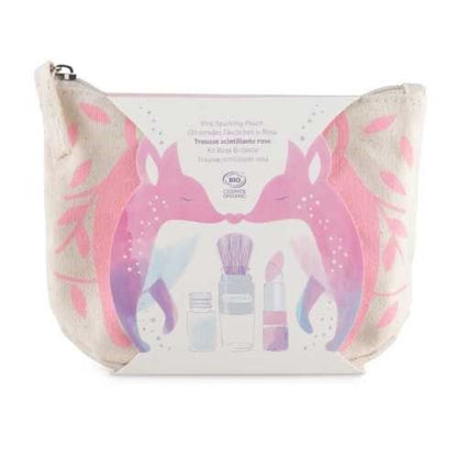 ESTUCHE ROSA Pincel mágico + polvos plateados + labial de frambuesa