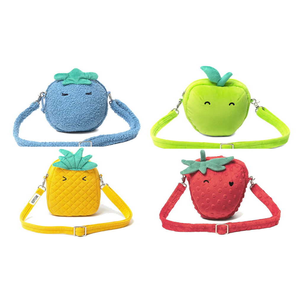 Los cuatro diseños del bolso para cámara Rookie de Hoppstar: Bluebelle, Manzana, Piña y Strawbella