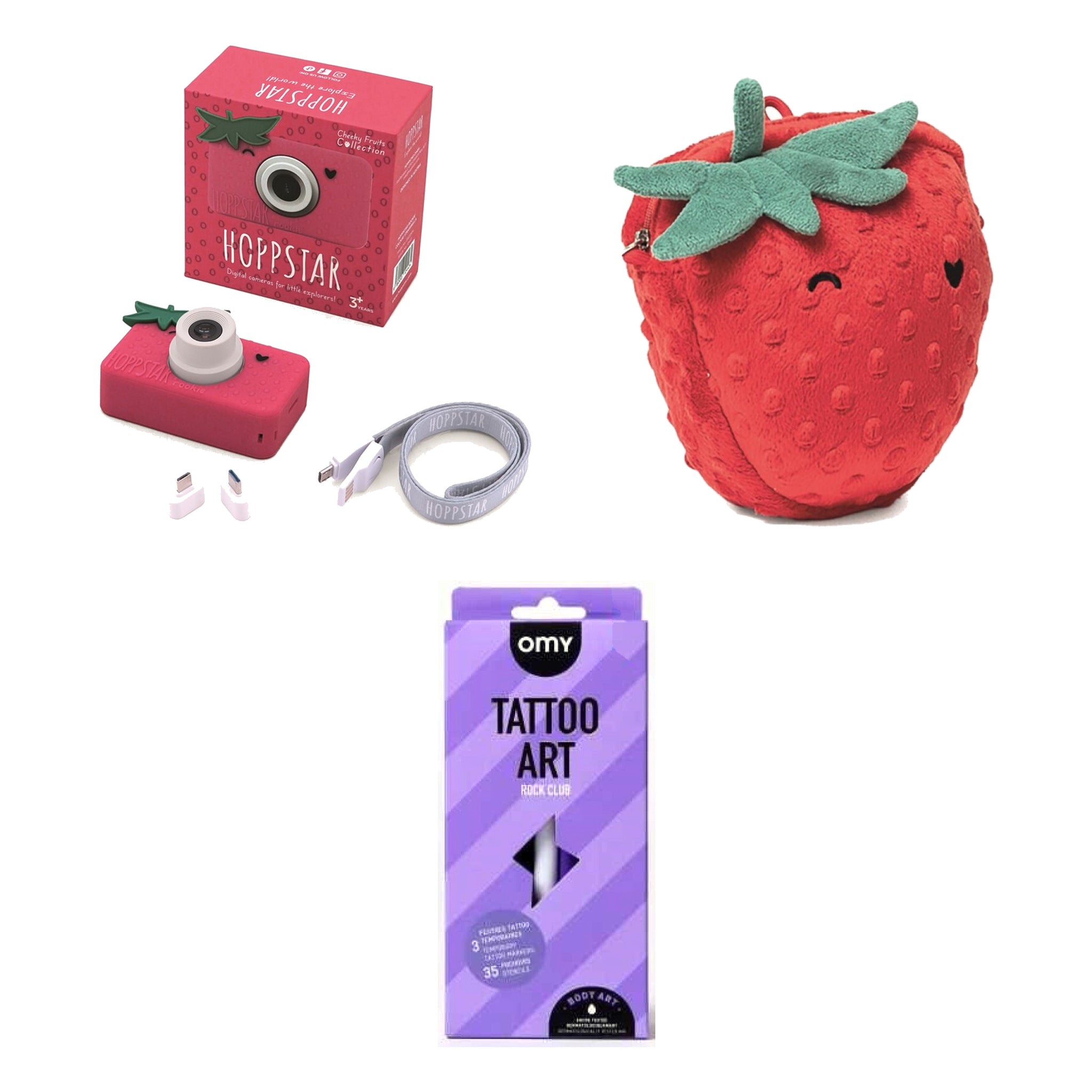 Pack Regalo 3 Años Pequeño Fotógrafo: las cajas de la cámara Rookie y del kit ROCK CLUB, junto al bolso Cheeky Fruits