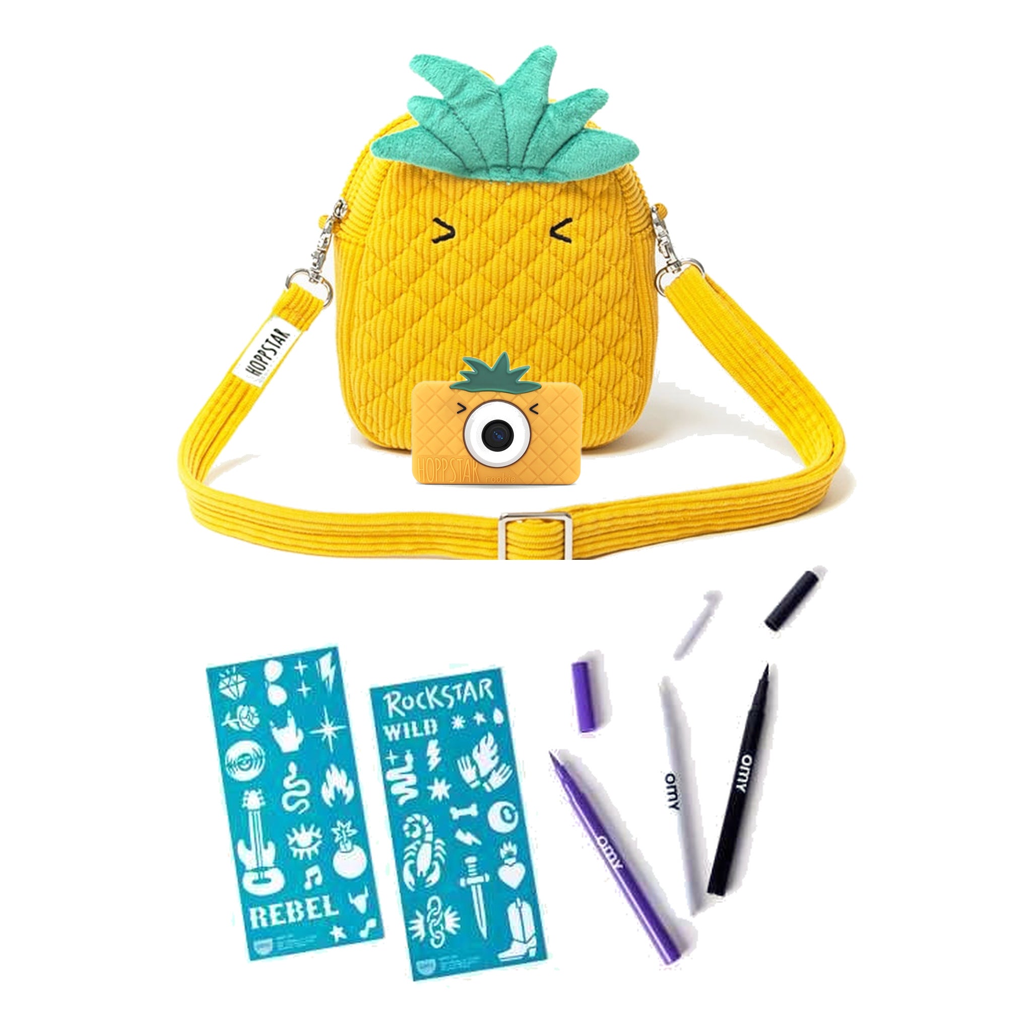 Pack Regalo 3 Años Pequeño Fotógrafo: cámara Rookie de Hoppstar, bolso Cheeky Fruits y kit de tatuajes ROCK CLUB de OMY