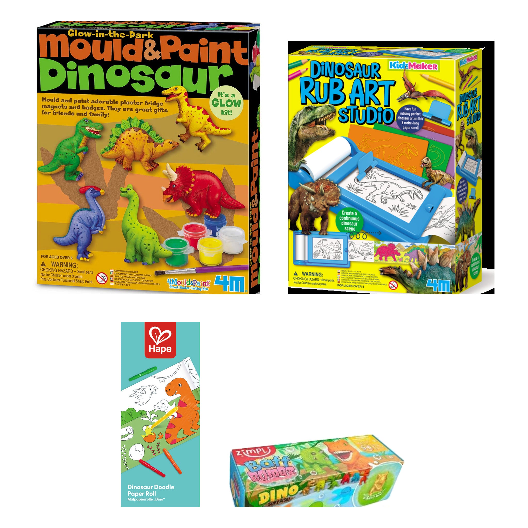 Pack Regalo 4 Años Dinos: las cajas del estudio de arte, el Mould & Paint, el rollo de garabatos y las bombas de baño