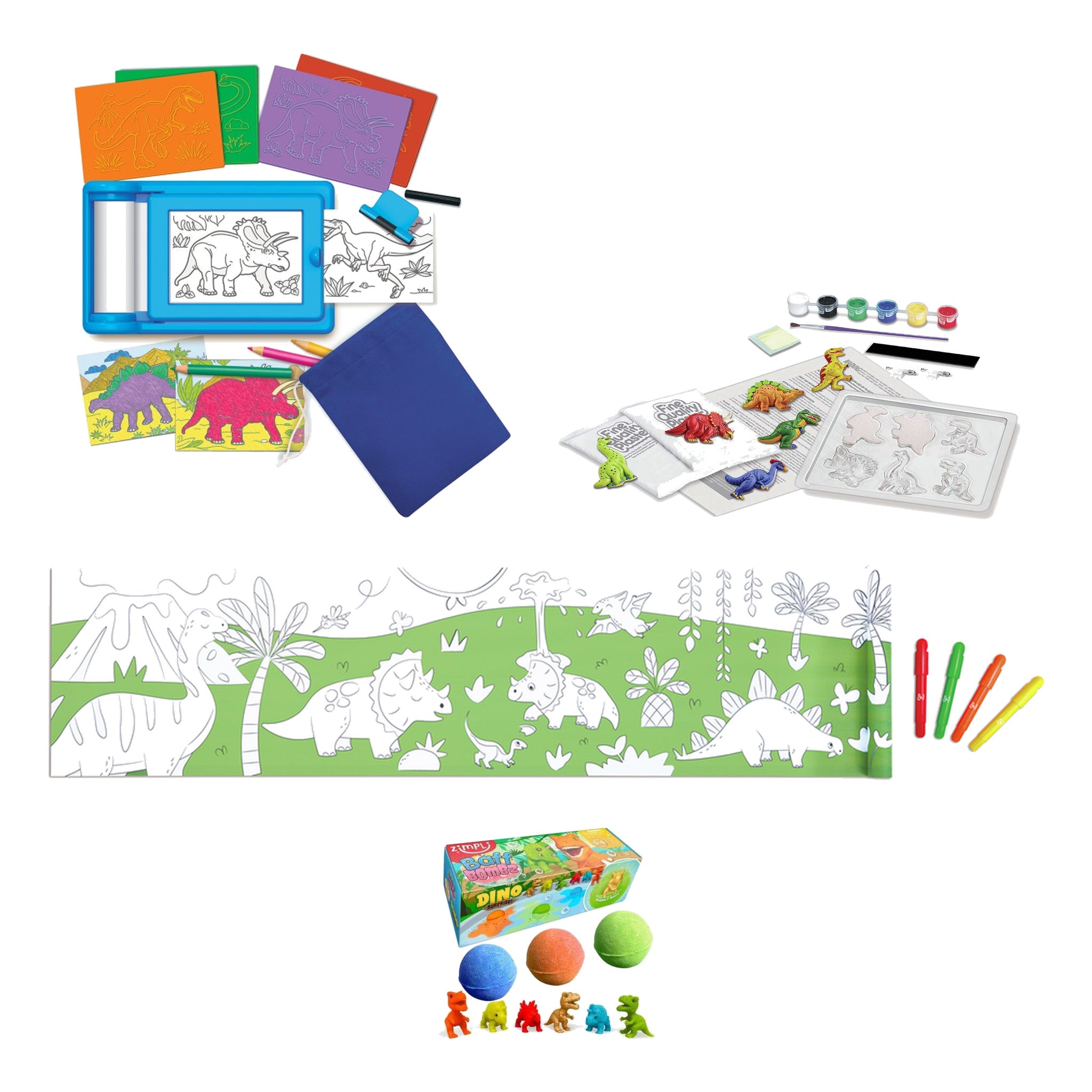Pack Regalo 4 Años Dinos: estudio de arte, moldes de yeso, rollo de garabatos y bombas de baño de dinosaurios