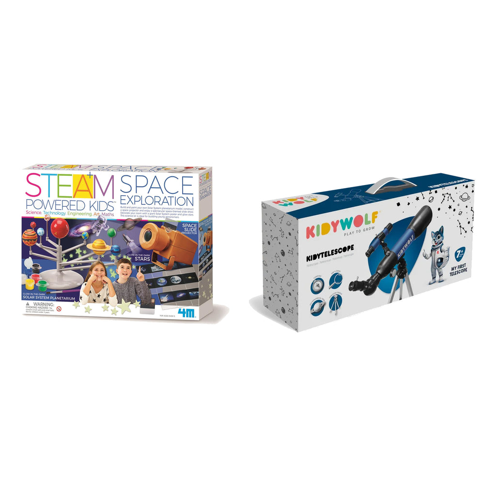 Pack Regalo 7 Años Pequeño Astrónomo: las cajas del pack, kit Exploración del Espacio de 4M y maletín del KIDYTELESCOPE