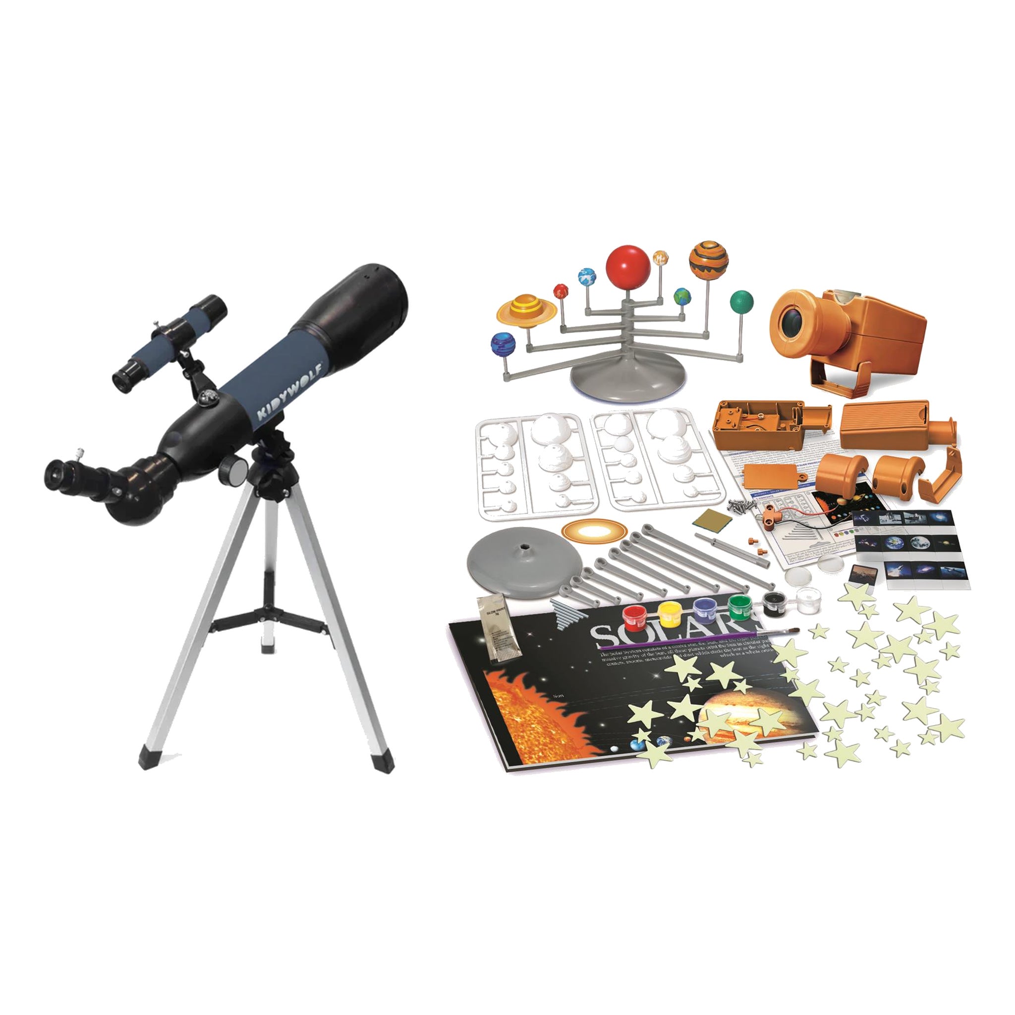 Pack Regalo 7 Años Pequeño Astrónomo: el telescopio KIDYTELESCOPE montado y el contenido del kit del Sistema Solar, a tamaño real
