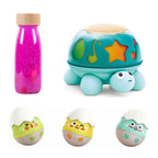 Pack Regalo Bebé Primeros Sentidos: botella sensorial, tortuga musical y sonajeros de polluelos a tamaño real