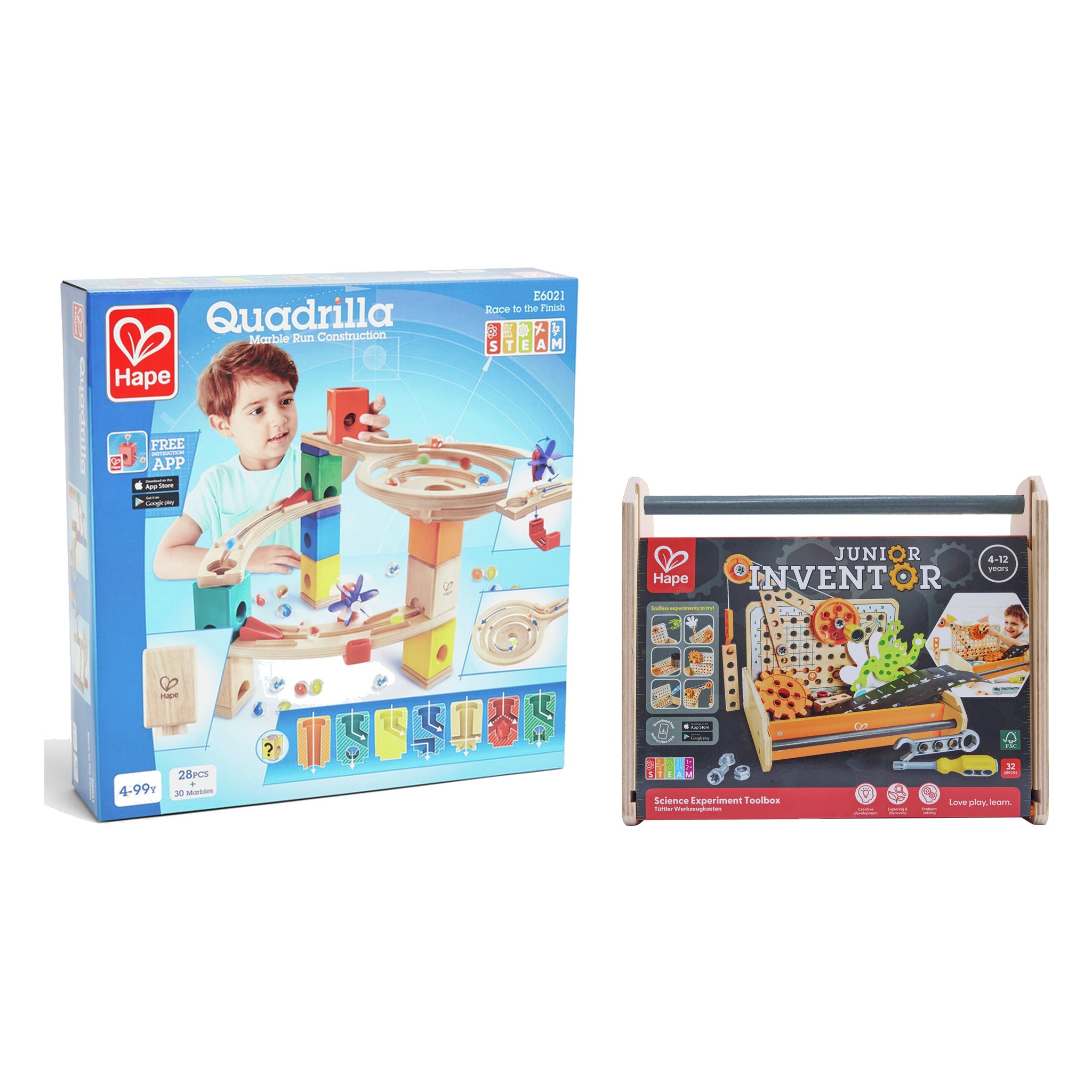 Pack Regalo 4 Años Pequeño Constructor: las dos cajas del pack, Quadrilla Race to the Finish y Junior Inventor de Hape
