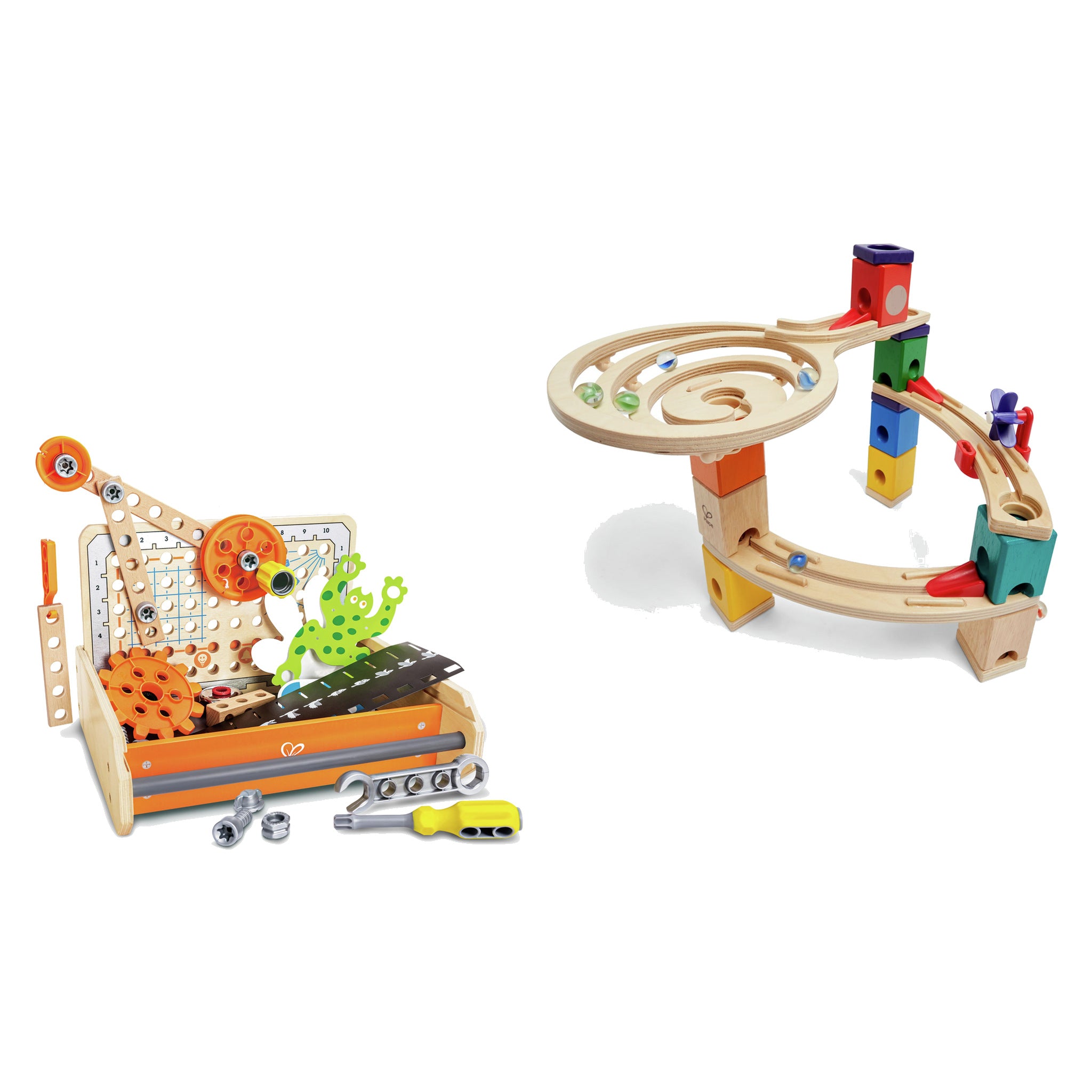 Pack Regalo 4 Años Pequeño Constructor: la caja de herramientas Junior Inventor y el circuito de canicas Quadrilla, montados